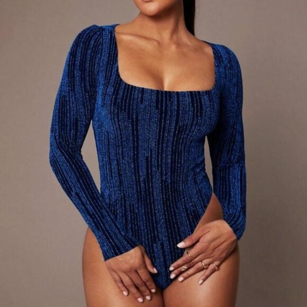 Shimmering Long-Sleeve Square-Neck Bodysuit In Sparkling Blue Stretch Fabric